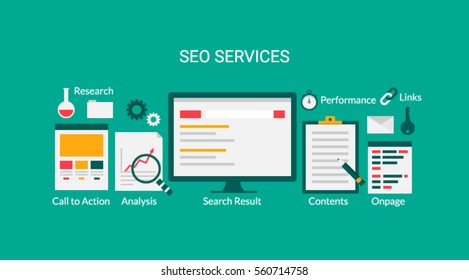 Banner plano de servicio Seo, marketing en Internet, ilustración vectorial de marketing digital, incluidos iconos de servicio seo