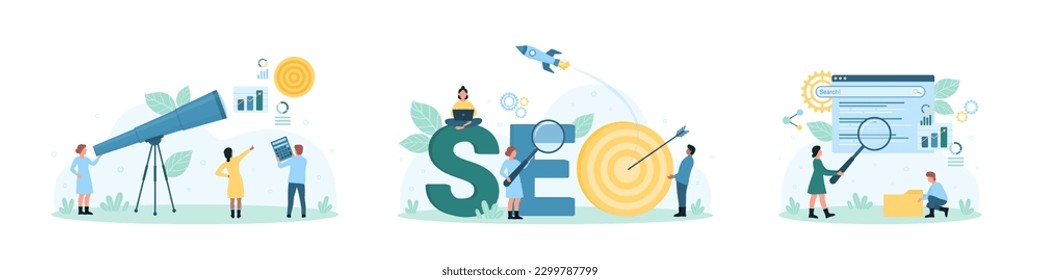 Ilustración vectorial del conjunto de servicios SEO. Pequeñas personas de dibujos animados buscan información de marketing, analizan algoritmos y datos estadísticos con lupa y telescopio, lanzan un proyecto de cohete cerca de la palabra SEO