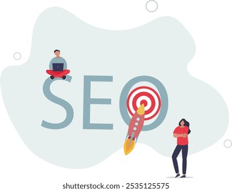 SEO service.Cartoon tiny people search marketing information, analyze algorithms and statistic data with magnifying glass .flat characters.