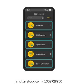 SEO services app smartphone interface vector template. Mobile page black design layout. Search engine optimization algorithms application screen. Flat UI. Social media marketing tools on phone display