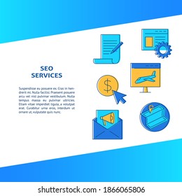 SEO services banner in line style with place for text. Poster with search engine optimization icons. Vector illustration.