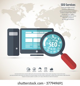 SEO services concept with 20 premium quality SEO icons set and detailed world map.