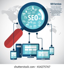 SEO services concept with 20 premium quality SEO icons set on a detailed world map background.