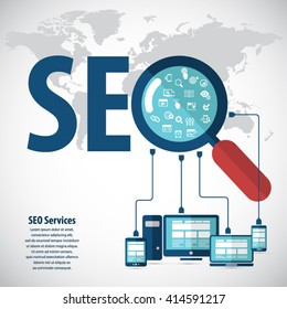 SEO services concept with 20 premium quality SEO icons set on a detailed world map background.