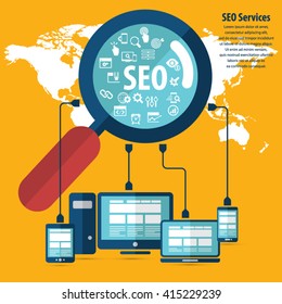 SEO services concept with 20 premium quality SEO icons set on a detailed world map background.