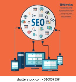 Concepto de servicios de SEO con 20 iconos de SEO de calidad premium.