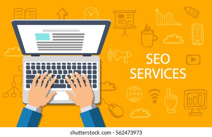 SEO services Concept. Flat style web banner with doodle icons in background, top view. Vector illustration.