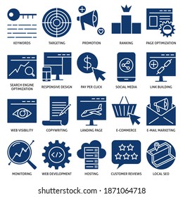 Icono de servicios SEO establecido en estilo plano. Colección de símbolos de optimización del motor de búsqueda. Marketing digital y desarrollo de sitios web. Ilustración vectorial.