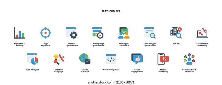 SEO Services ICON Set Vector EPS Format and Flat Design in Beautiful Colors. Expand any size of SEO icons, perfect for admin and user panels in which SEO services are managed.

But also perfectly suit