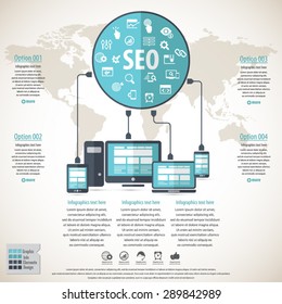 SEO services infographics with 20 premium quality SEO icons set and detailed world map.