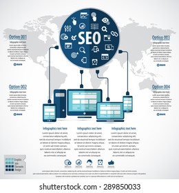 SEO services infographics with 20 premium quality SEO icons set and detailed world map.