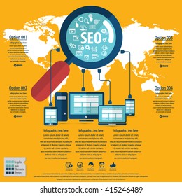 SEO services infographics with 20 premium quality SEO icons set and detailed world map.