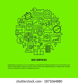 SEO services round concept banner with place for text. Search engine optimization poster in line style. Vector illustration.