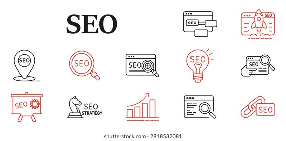 SEO set icon. Search analytics, optimization strategy, ranking statistics, hyperlink connection, webpage targeting, digital visibility, marketing performance, internet promotion tools