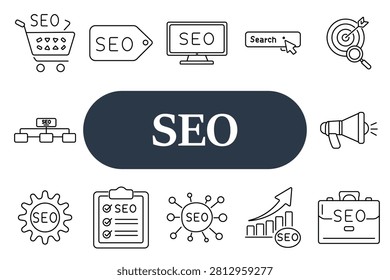 SEO set icon. Search engine optimization, keyword targeting, analytics, digital marketing, website ranking, online promotion, search interface, business growth, optimization strategy