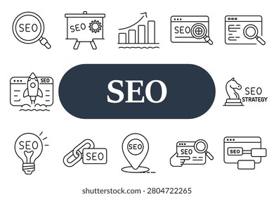 SEO set icon. Search optimization, analytics, ranking growth, website audit, keyword strategy, digital marketing, online promotion, business targeting, web traffic, search engine