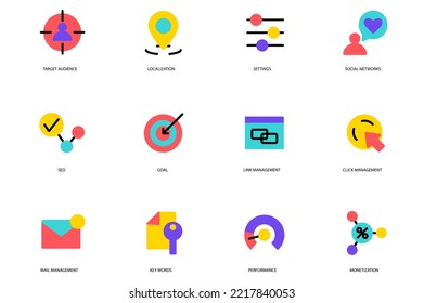 SEO set of icons concept in the flat cartoon design. Icons represent elements and things that are needed to SEO-analyzes. Vector illustration.