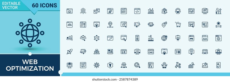 SEO Set of icons. Contains related to local, keyword, up, media, management, market, start and more. Pixel perfect. Solid line editable stroke.