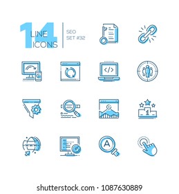SEO - set of line design style icons isolated on white background. Minimalistic black pictograms. Logical linking, coding, engine optimization, pay per tap, top chart, global campaign, search, video