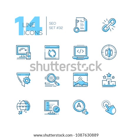 SEO - set of line design style icons isolated on white background. Minimalistic black pictograms. Logical linking, coding, engine optimization, pay per tap, top chart, global campaign, search, video