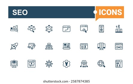 SEO set of modern icons. Featuring strategy, internet, commerce, search, digital, management, start and more. Line symbol. Editable stroke icon collections.