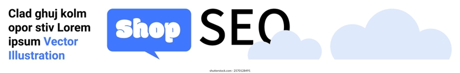 SEO and shop concept with a blue chat bubble containing the word Shop and SEO text next to it. Light blue clouds in the background. Ideal for e-commerce, SEO services, online shops, digital