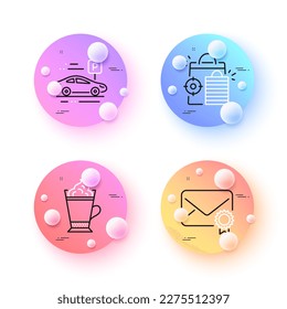 Seo shopping, Car parking and Verified mail minimal line icons. 3d spheres or balls buttons. Latte coffee icons. For web, application, printing. Analytics, Transport place, Confirmed e-mail. Vector