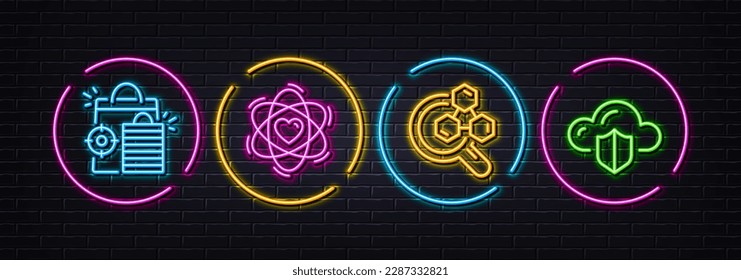 Seo shopping, Chemistry lab and Atom minimal line icons. Neon laser 3d lights. Cloud protection icons. For web, application, printing. Analytics, Lab research, Electron. Storage security. Vector