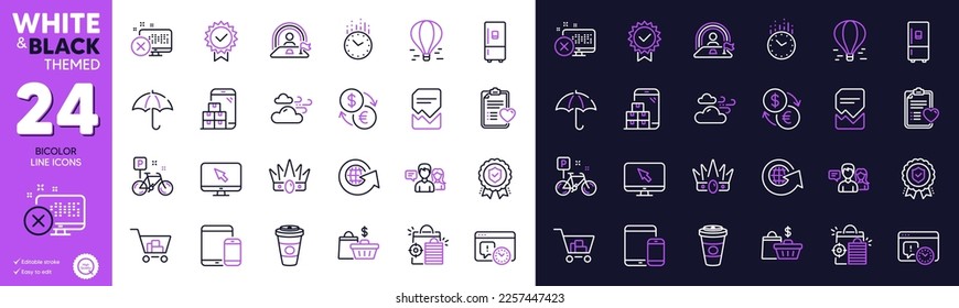 Seo shopping, Takeaway coffee and Reject access line icons for website, printing. Collection of Certificate, Lgbt, Sale bags icons. Patient history, Time, Mobile devices web elements. Vector