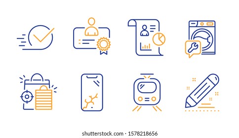 Seo shopping, Train and Report line icons set. Washing machine, Smartphone broken and Certificate signs. Checkbox, Brand contract symbols. Analytics, Tram. Technology set. Vector