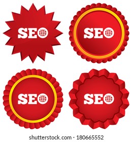 SEO sign icon. Search Engine Optimization symbol. Red stars stickers. Certificate emblem labels. Vector