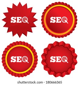 SEO sign icon. Search Engine Optimization symbol. Red stars stickers. Certificate emblem labels. Vector