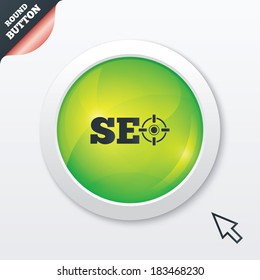 SEO sign icon. Search Engine Optimization symbol. Green shiny button. Modern UI website button with mouse cursor pointer. Vector
