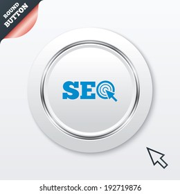 SEO sign icon. Search Engine Optimization symbol. White button with metallic line. Modern UI website button with mouse cursor pointer. Vector