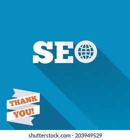 SEO sign icon. Search Engine Optimization symbol. White flat icon with long shadow. Paper ribbon label with Thank you text. Vector