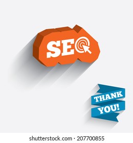 SEO sign icon. Search Engine Optimization symbol. White icon on orange 3D piece of wall. Carved in stone with long flat shadow. Vector