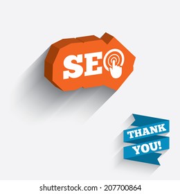 SEO sign icon. Search Engine Optimization symbol. White icon on orange 3D piece of wall. Carved in stone with long flat shadow. Vector