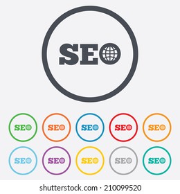 SEO sign icon. Search Engine Optimization symbol. Round circle buttons with frame. Vector