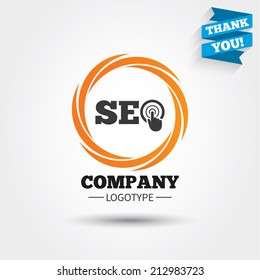 SEO sign icon. Search Engine Optimization symbol. Business abstract circle logo. Logotype with Thank you ribbon. Vector