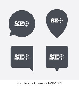 SEO sign icon. Search Engine Optimization symbol. Map pointers information buttons. Speech bubbles with icons. Vector