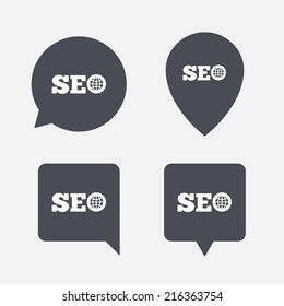 SEO sign icon. Search Engine Optimization symbol. Map pointers information buttons. Speech bubbles with icons. Vector