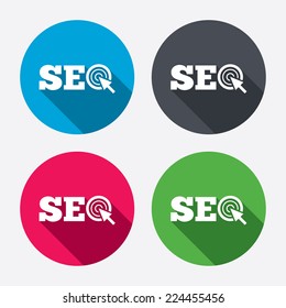 SEO sign icon. Search Engine Optimization symbol. Circle buttons with long shadow. 4 icons set. Vector