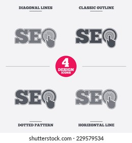 SEO sign icon. Search Engine Optimization symbol. Diagonal and horizontal lines, classic outline, dotted texture. Pattern design icons.  Vector