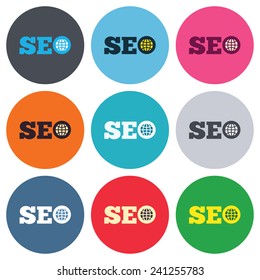 SEO sign icon. Search Engine Optimization symbol. Colored round buttons. Flat design circle icons set. Vector