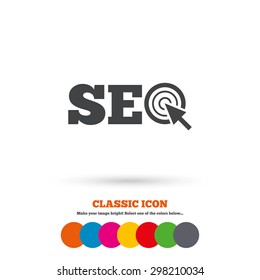 SEO sign icon. Search Engine Optimization symbol. Classic flat icon. Colored circles. Vector