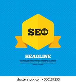 SEO sign icon. Search Engine Optimization symbol. Yellow label tag. Circles seamless pattern on back. Vector