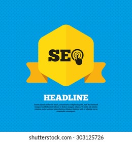 SEO sign icon. Search Engine Optimization symbol. Yellow label tag. Circles seamless pattern on back. Vector