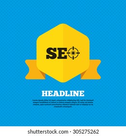 SEO sign icon. Search Engine Optimization symbol. Yellow label tag. Circles seamless pattern on back. Vector