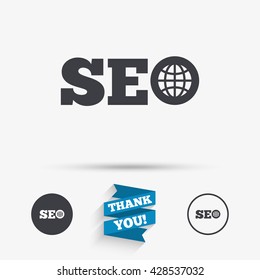 SEO sign icon. Search Engine Optimization symbol. Flat icons. Buttons with icons. Thank you ribbon. Vector