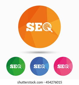 SEO sign icon. Search Engine Optimization symbol. Triangular low poly button with flat icon. Vector